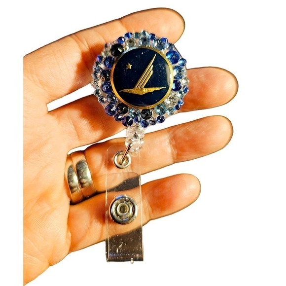 Handmade. Alaska Airlines Vintage Button ID holder. Swarovski Element. OneOfKind - Picture 1 of 3